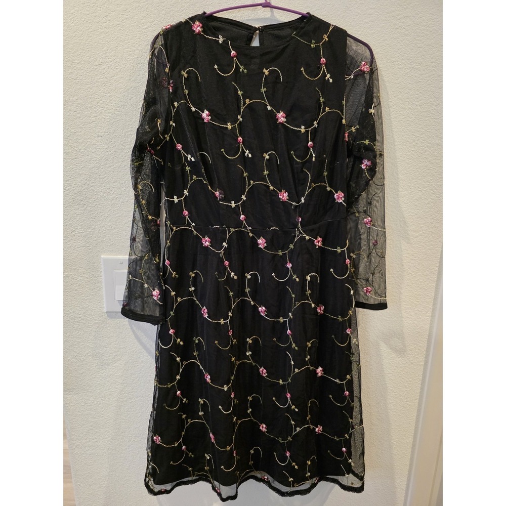 Unbranded Black Mesh Dress Sz S Floral Embroidered Dark Romantic PoetFairy Lined